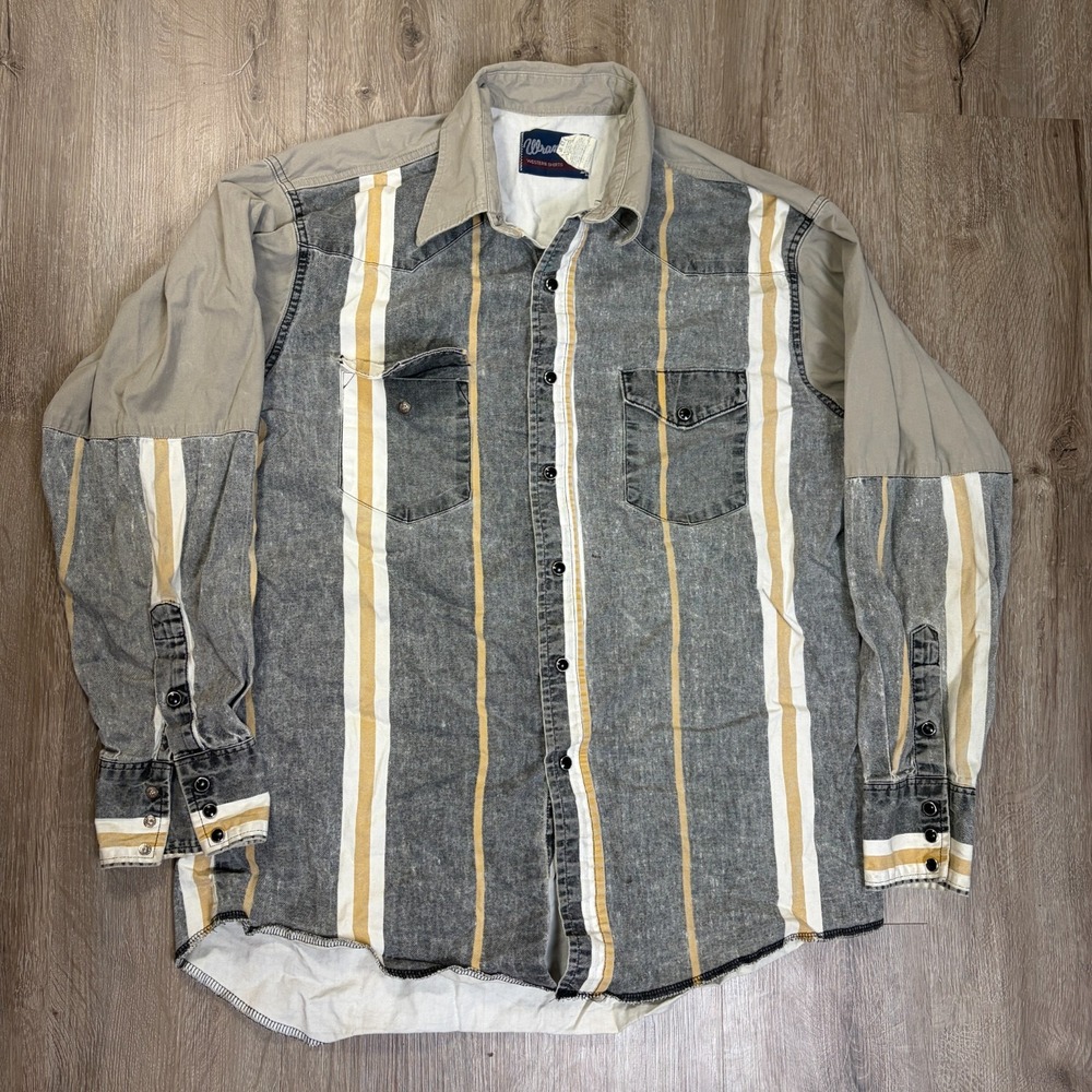 VTG Wrangler Two Tone Pearl Snap Western Shirt Gray Striped Mens XL Long Sleeve